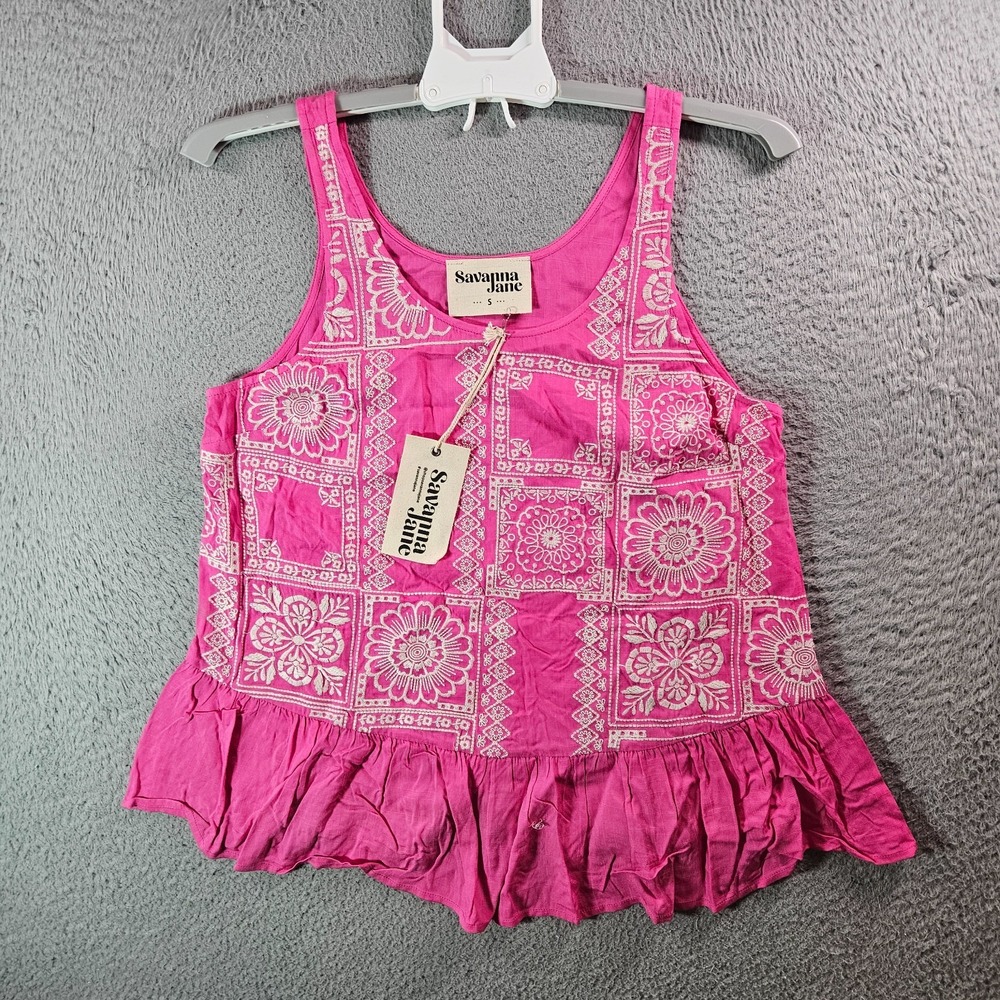 NEW Savanna Jane Tank Top Women Small Embroidered White Pink